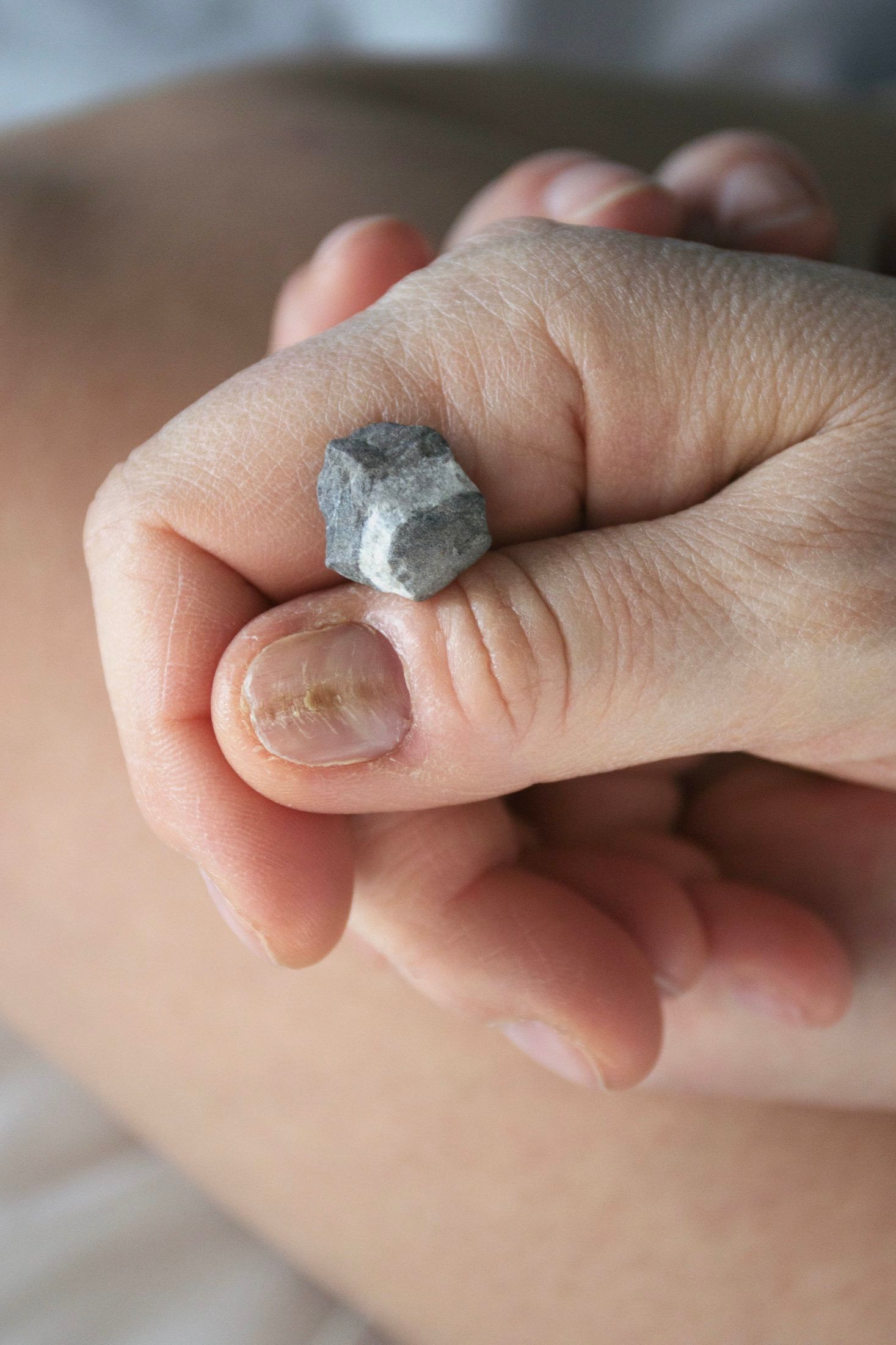 Due mani intrecciate; tra le dita, un piccolo sasso grigio.
