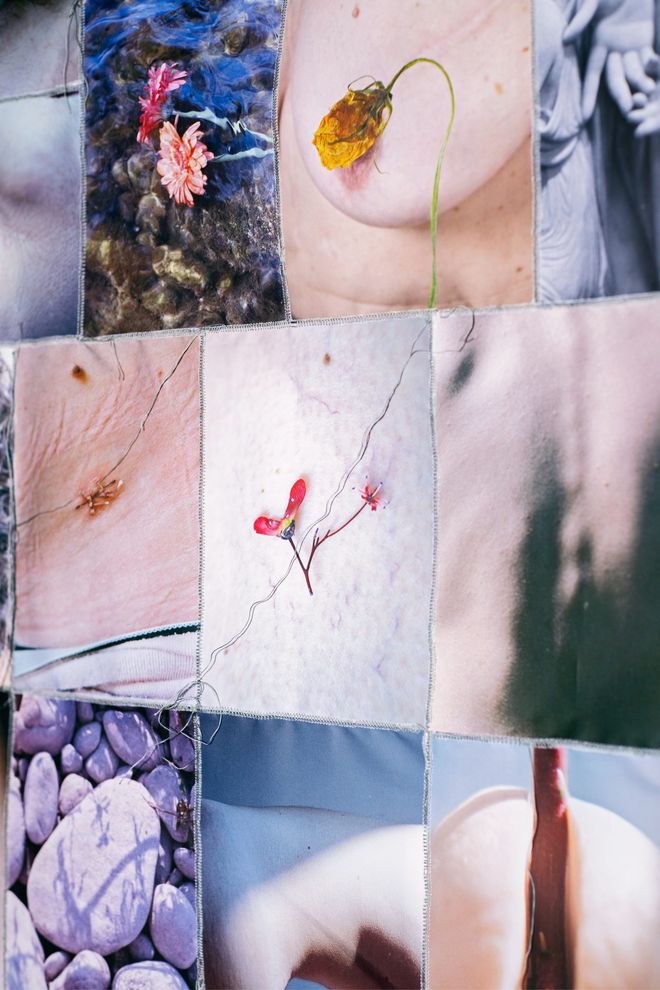 Dettaglio dell'arazzo: fotografie stampate su tela e cucite insieme, tra fiori, pelle e sassi.